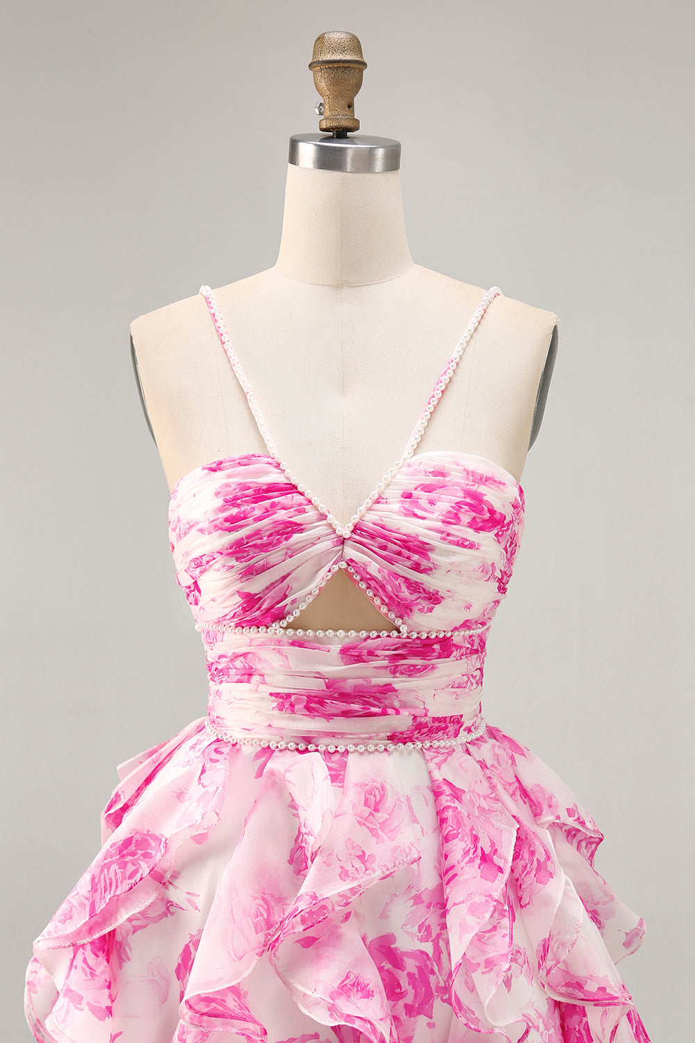 Ruffle Halter White Fuchsia Flower Printed Homecoming Dress with Pearls - Image 4