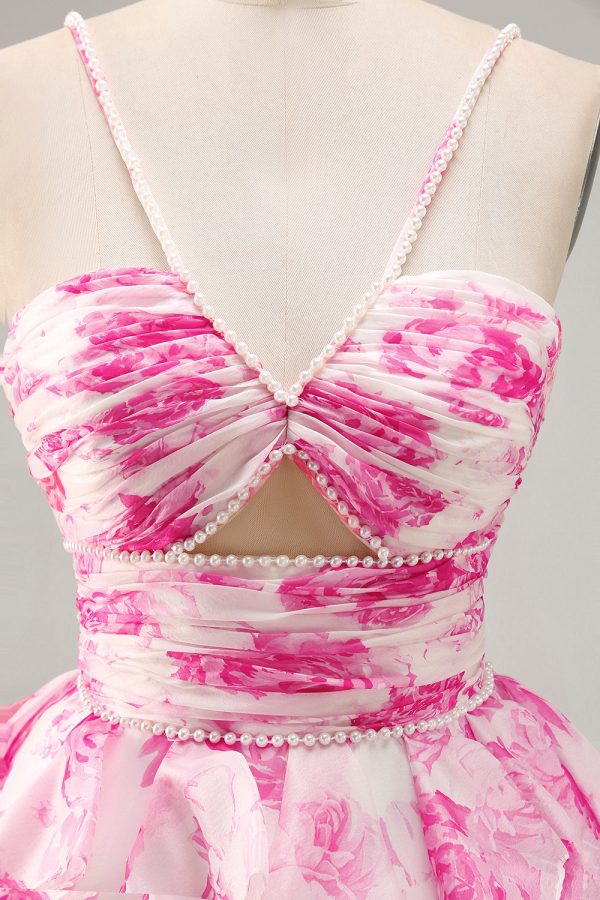 Ruffle Halter White Fuchsia Flower Printed Homecoming Dress with Pearls - Image 7