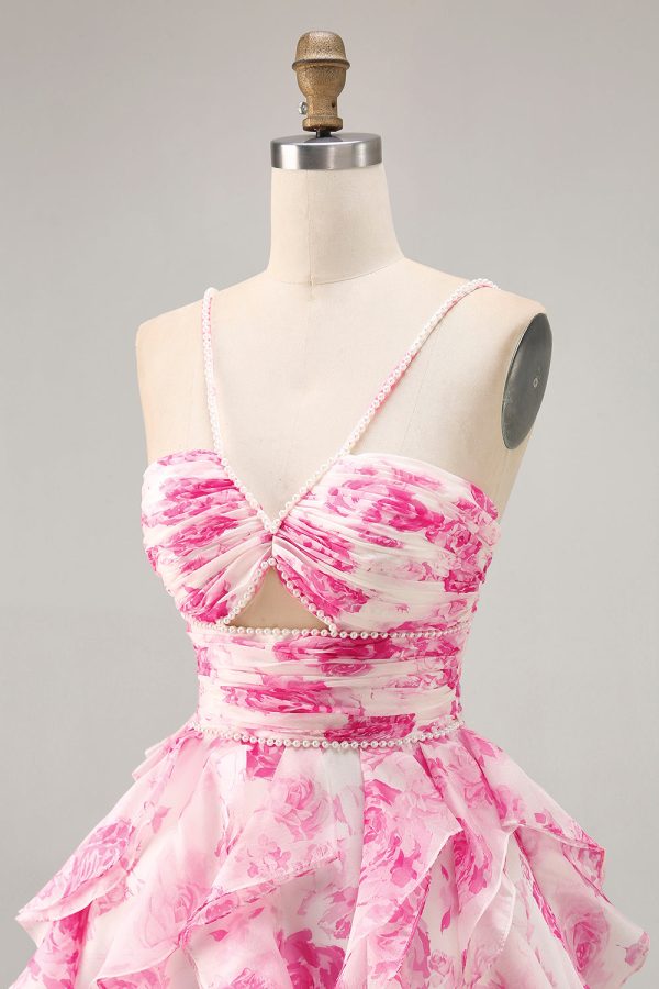 Ruffle Halter White Fuchsia Flower Printed Homecoming Dress with Pearls - Image 6