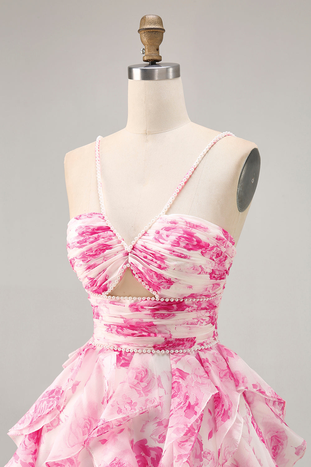 Ruffle Halter White Fuchsia Flower Printed Homecoming Dress with Pearls - Image 6