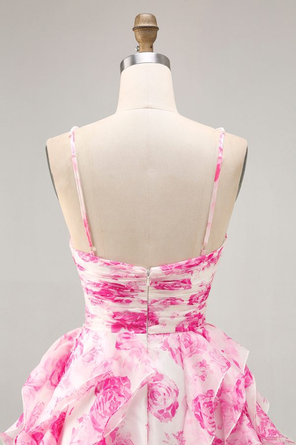 Ruffle Halter White Fuchsia Flower Printed Homecoming Dress with Pearls - Image 5