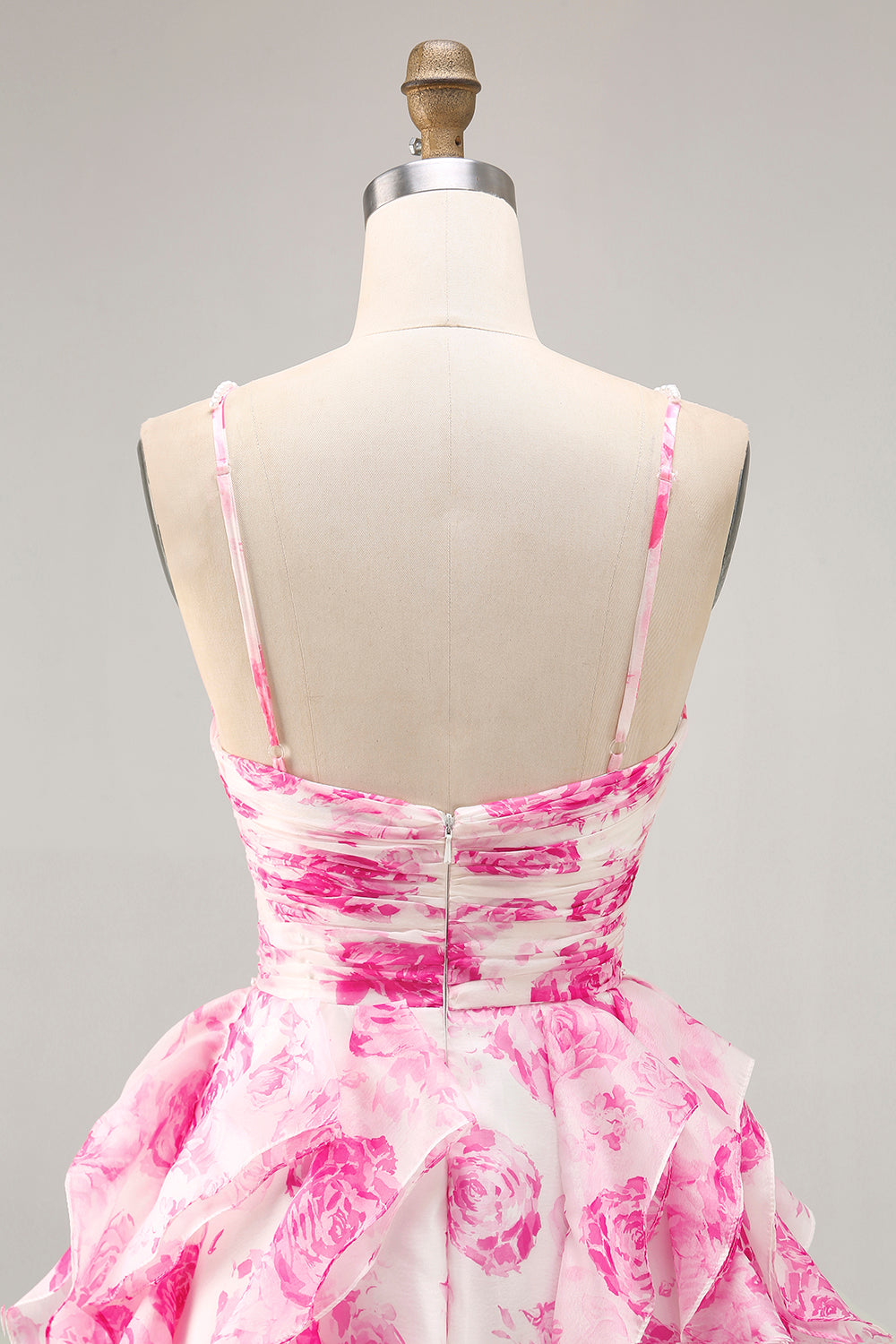Ruffle Halter White Fuchsia Flower Printed Homecoming Dress with Pearls - Image 5