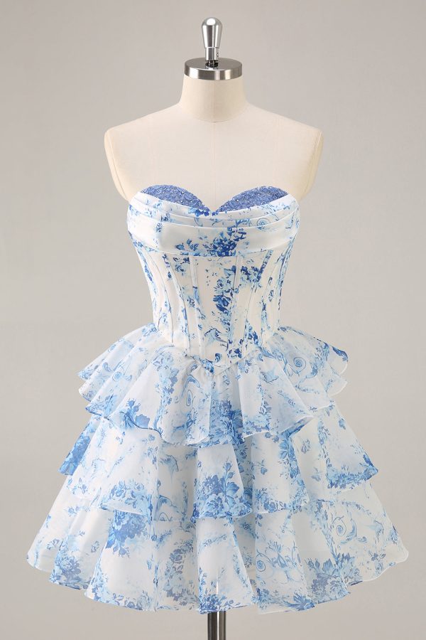 Ruffled White Blue Flower Corset A-Line Strapless Homecoming Dress - Image 3