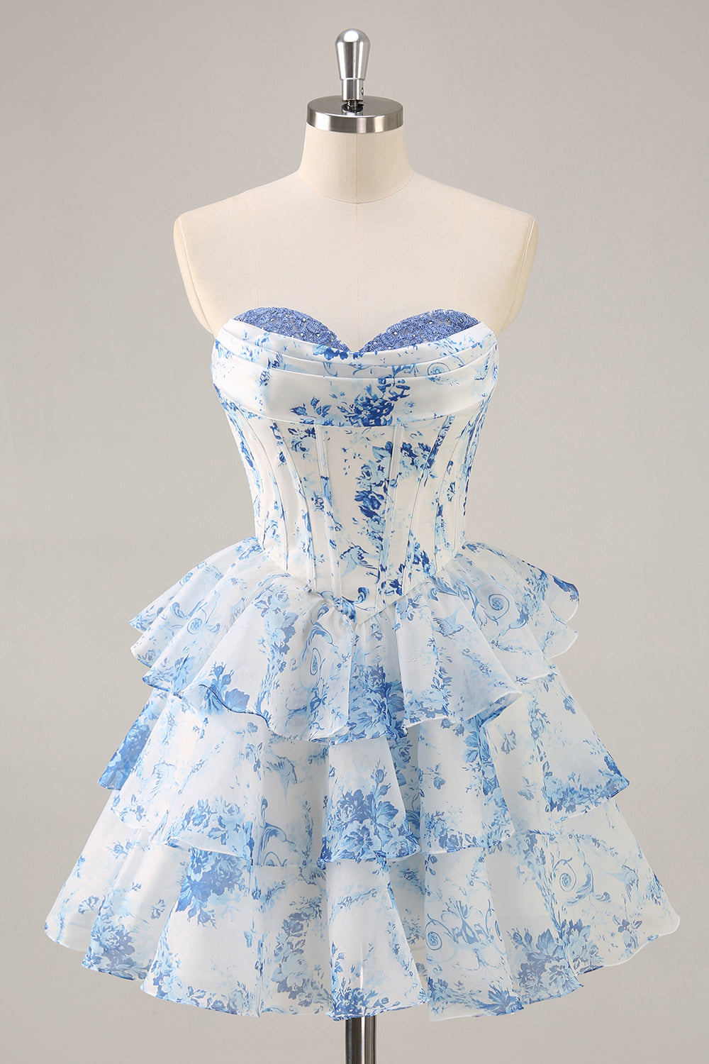 Ruffled White Blue Flower Corset A-Line Strapless Homecoming Dress - Image 3