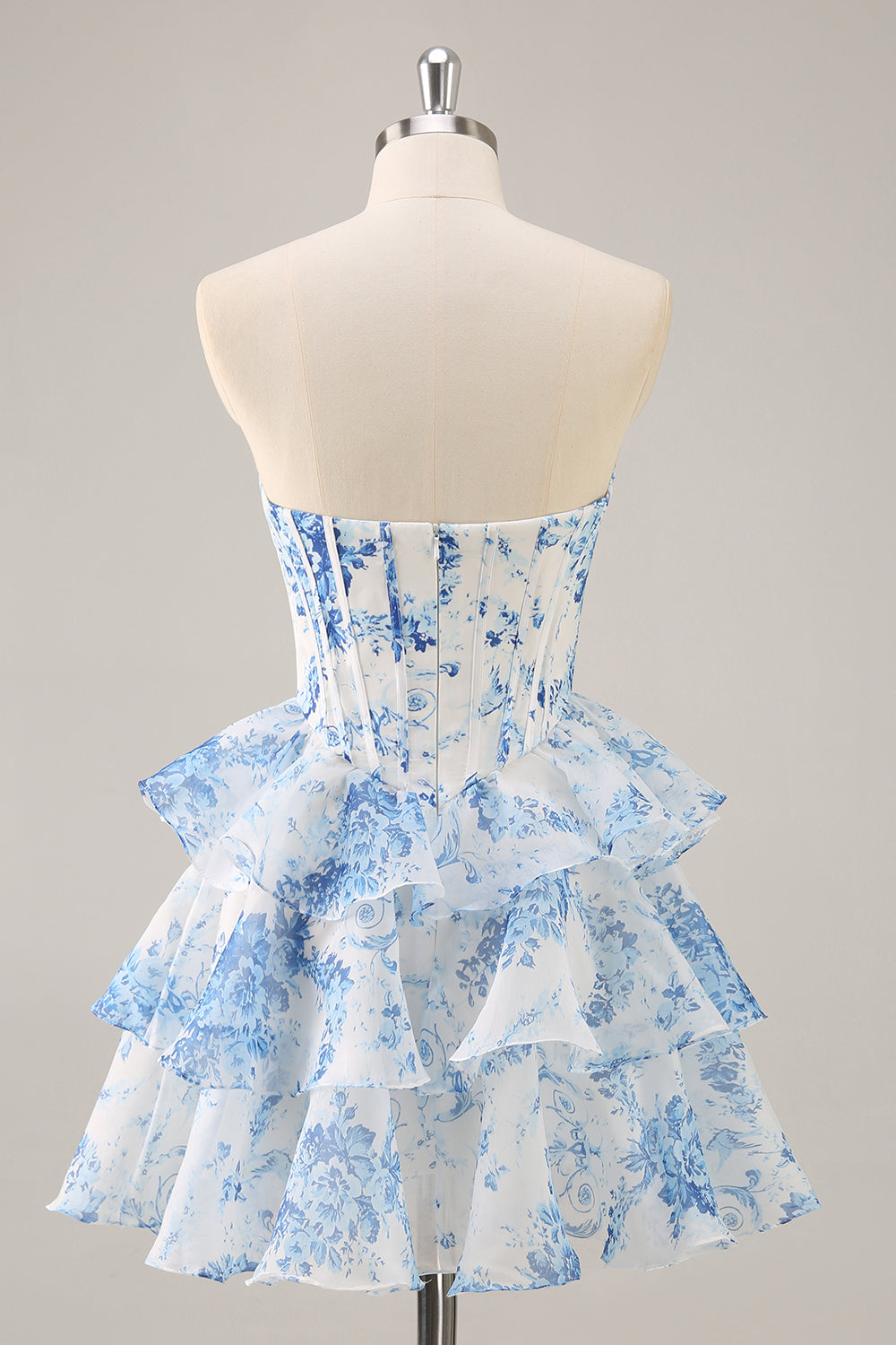 Ruffled White Blue Flower Corset A-Line Strapless Homecoming Dress - Image 4