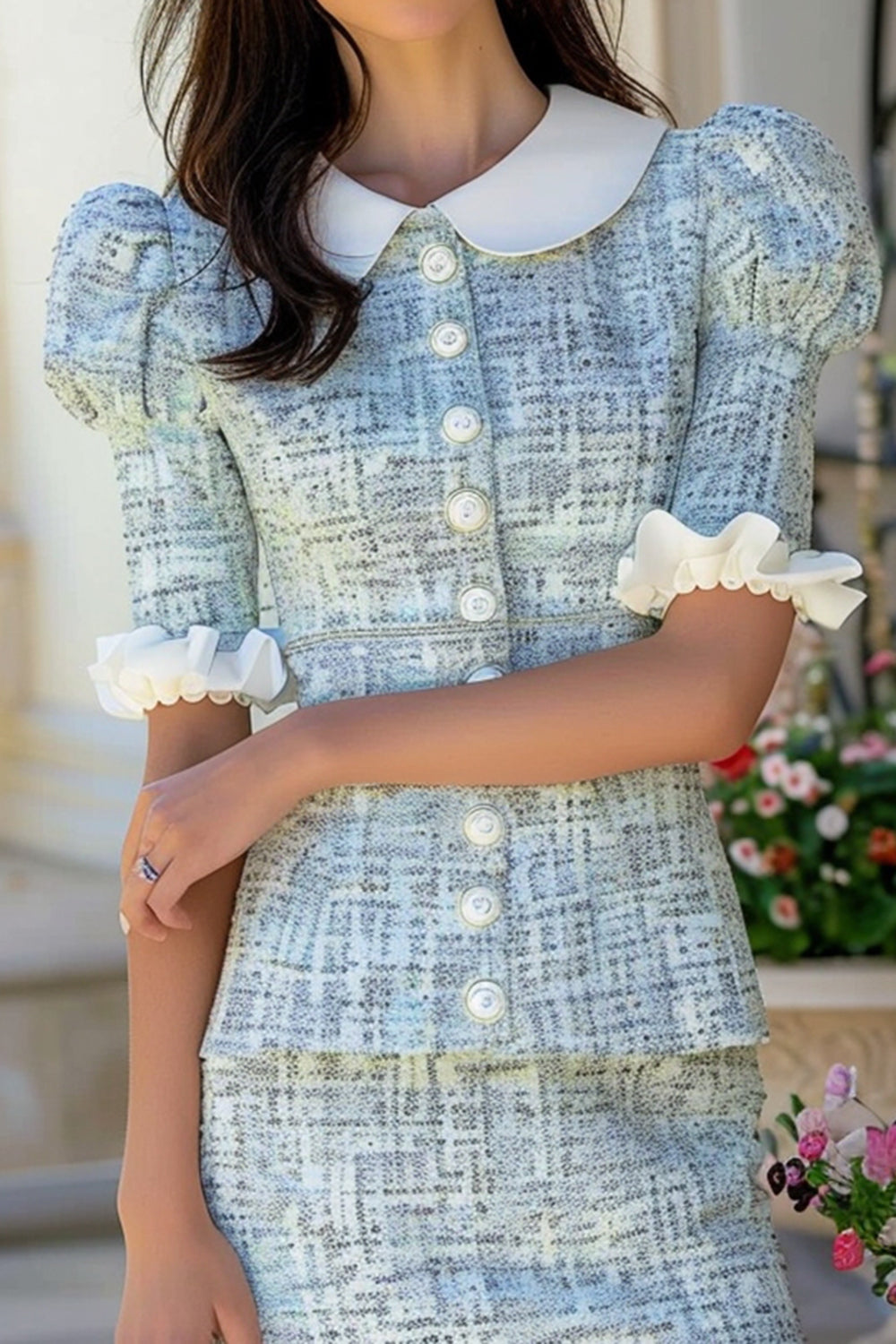Ruffled 2-Piece Tight Tweed Blue Tea Party Dress - Image 2