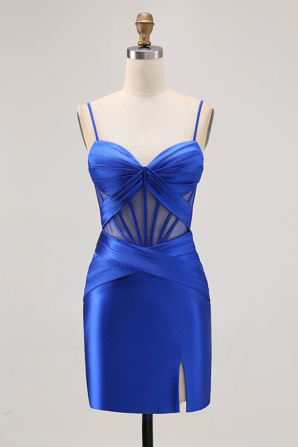 Royal Blue Sheer Corset Satin Tight Homecoming Dress with Slit - Image 1