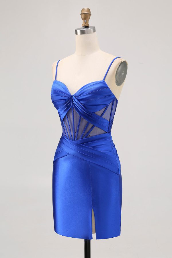 Royal Blue Sheer Corset Satin Tight Homecoming Dress with Slit - Image 3