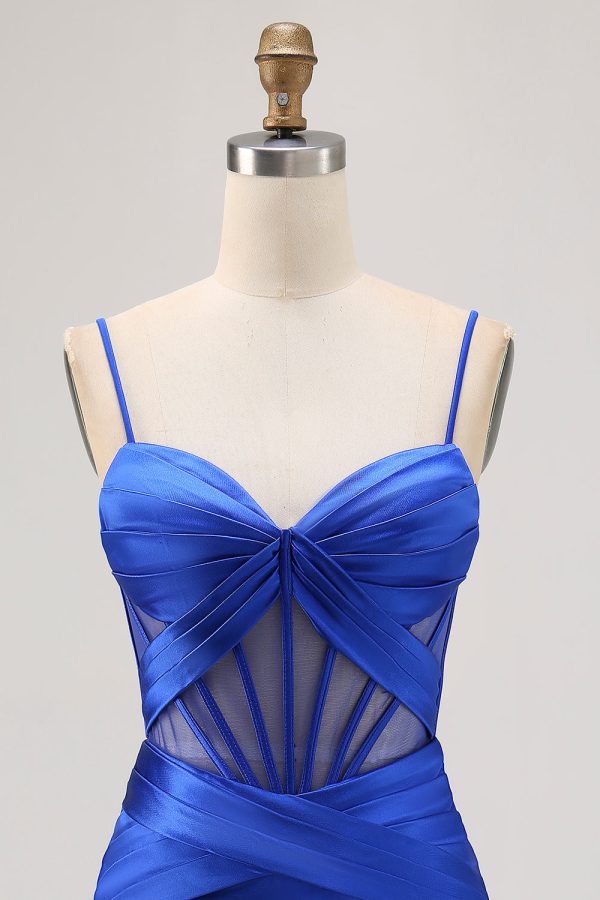 Royal Blue Sheer Corset Satin Tight Homecoming Dress with Slit - Image 4