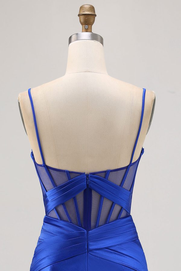 Royal Blue Sheer Corset Satin Tight Homecoming Dress with Slit - Image 5