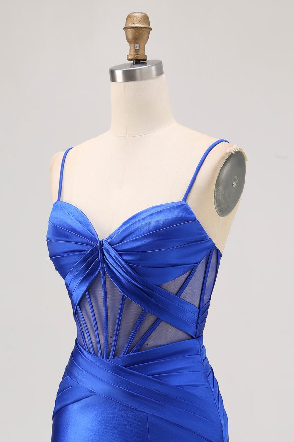 Royal Blue Sheer Corset Satin Tight Homecoming Dress with Slit - Image 6