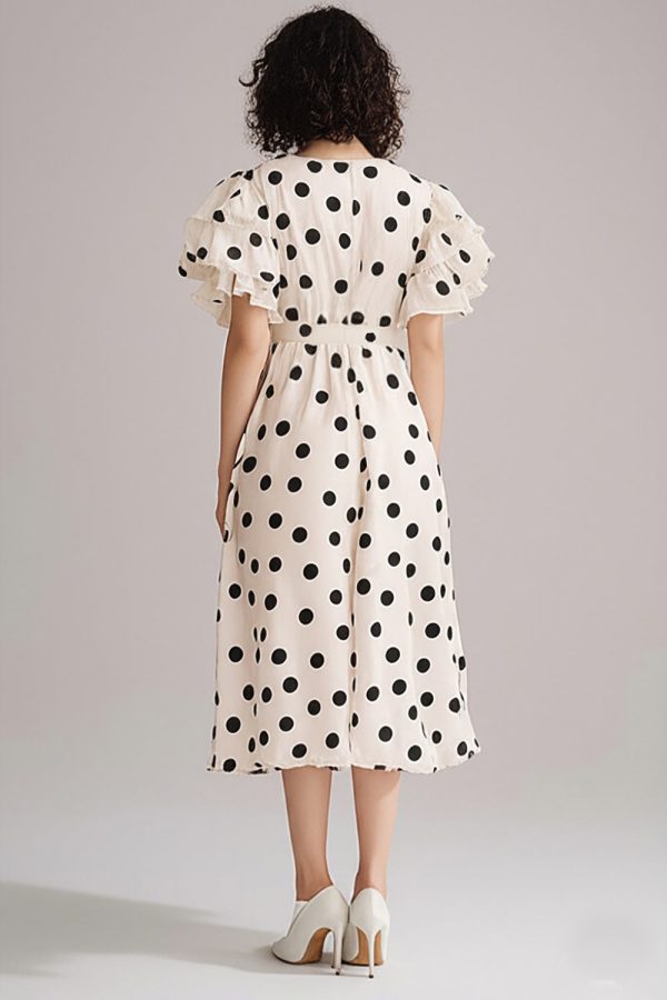 Ruffled Ivory Black Polka Dot Dress with Short Sleeves - Image 2