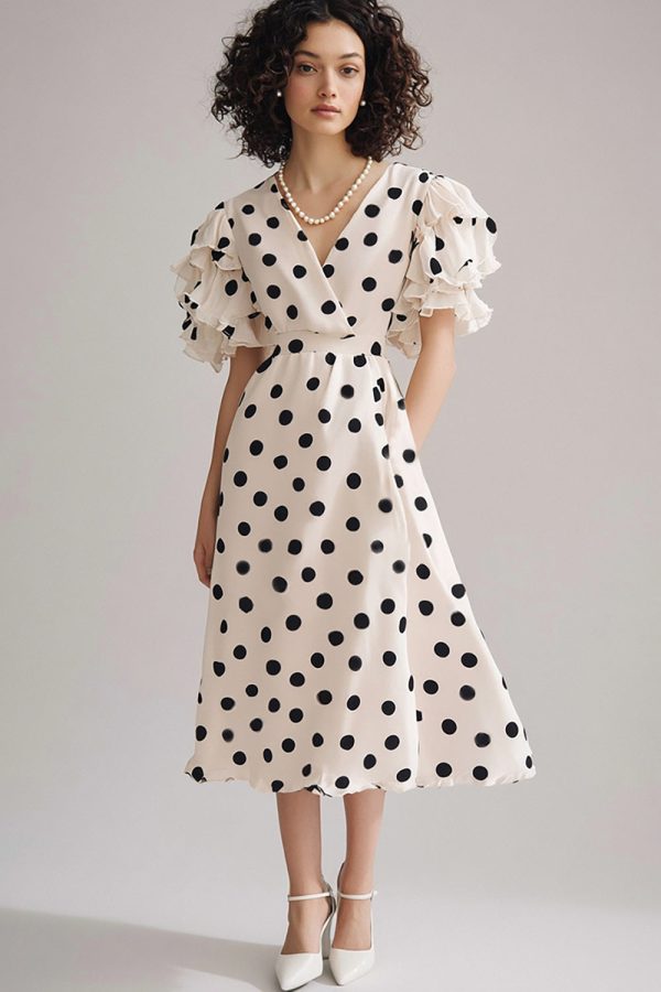 Ruffled Ivory Black Polka Dot Dress with Short Sleeves - Image 1