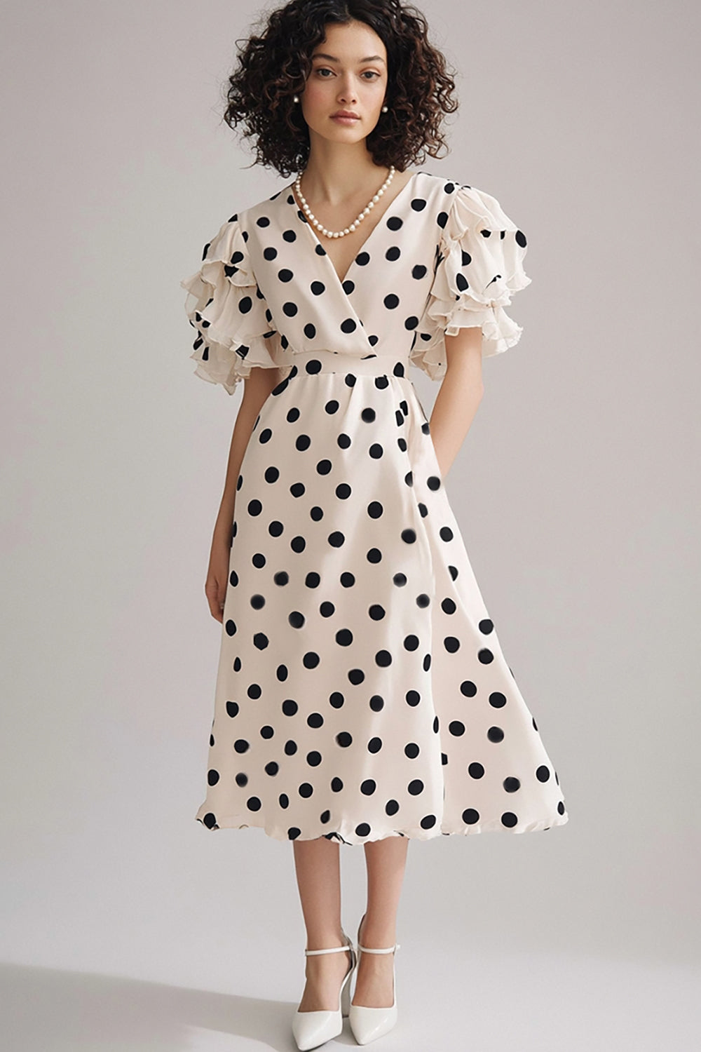 Ruffled Ivory Black Polka Dot Dress with Short Sleeves - Image 1