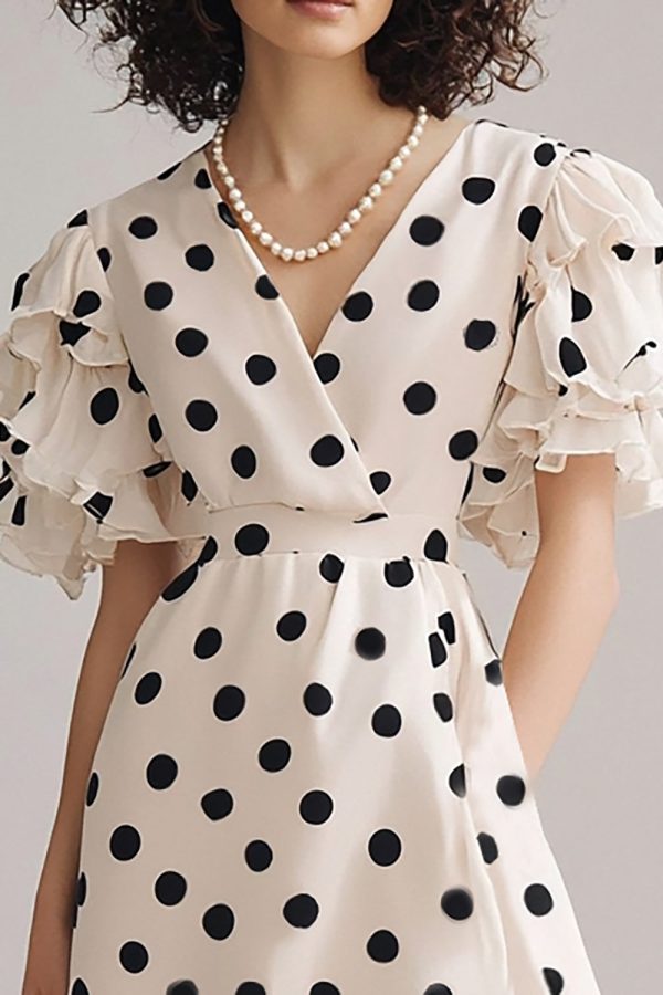Ruffled Ivory Black Polka Dot Dress with Short Sleeves - Image 3