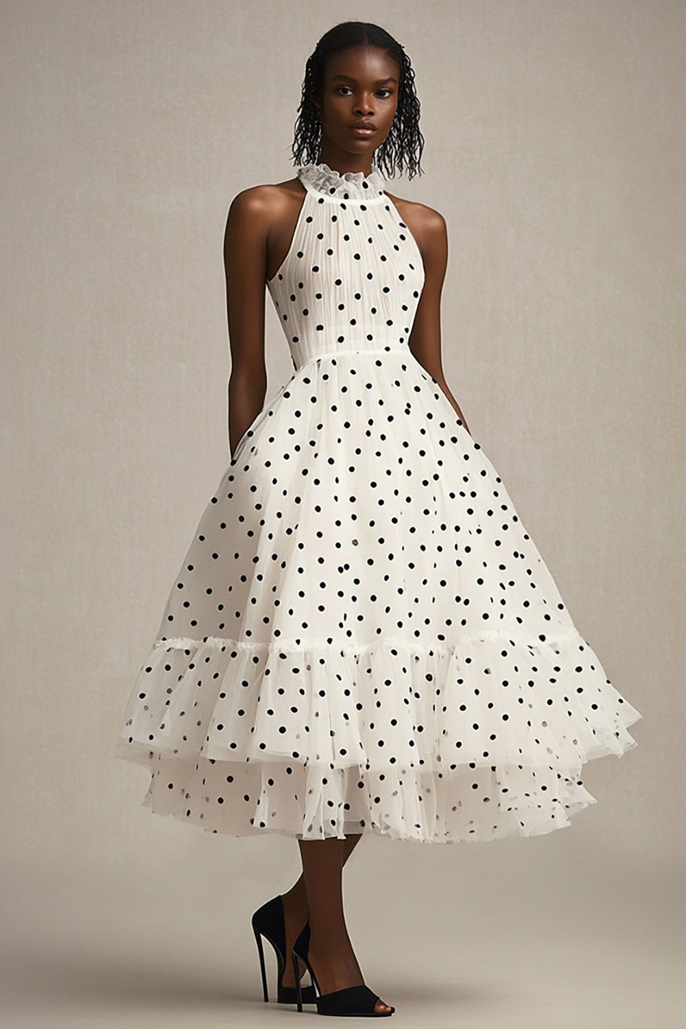 Ruffled White Black Tulle Polka Dot Dress - Image 1