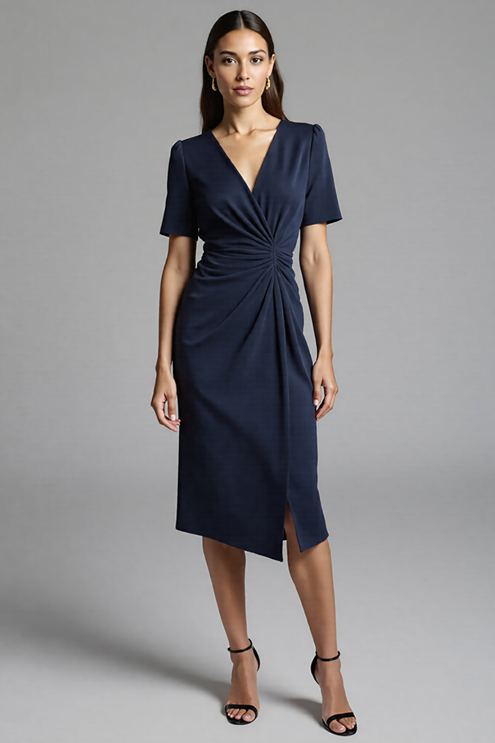 Ruched Navy Short Sleeve V-Neck Midi Dress - Image 1