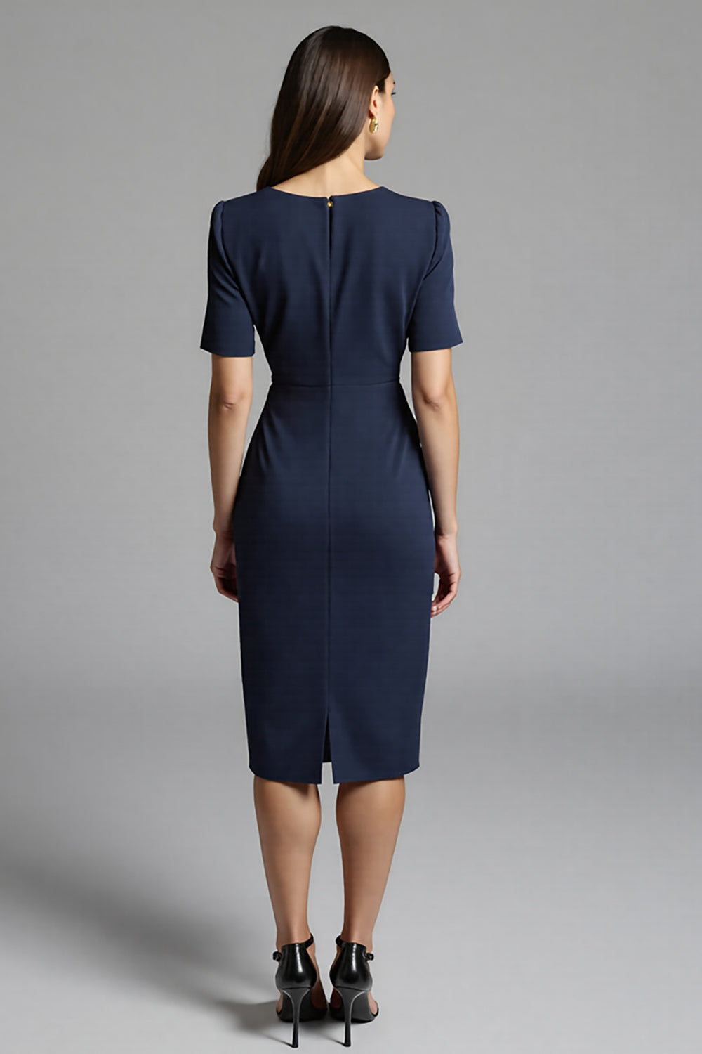 Ruched Navy Short Sleeve V-Neck Midi Dress - Image 2
