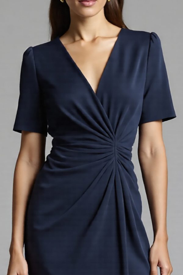 Ruched Navy Short Sleeve V-Neck Midi Dress - Image 3