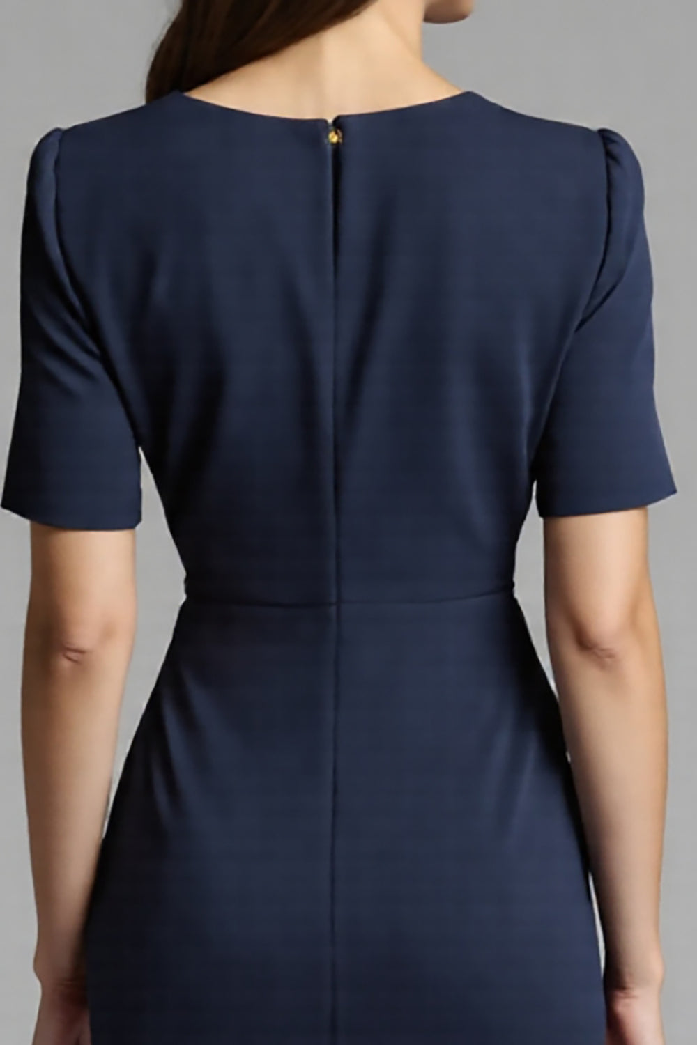 Ruched Navy Short Sleeve V-Neck Midi Dress - Image 4