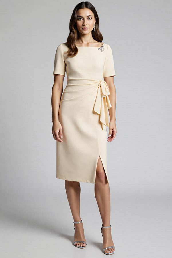 Ruffled Champagne Sheath Midi Dress with Slit