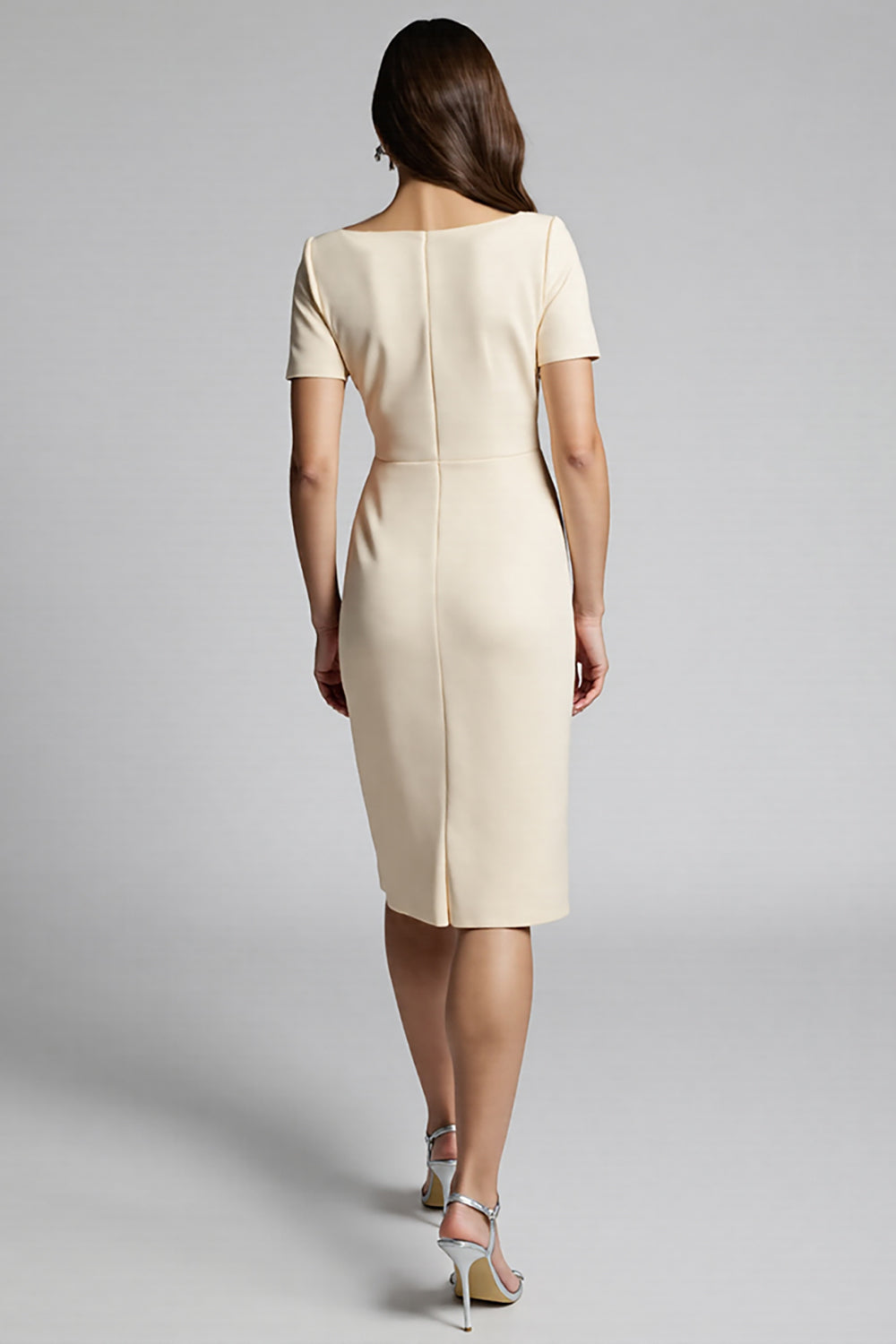 Ruffled Champagne Sheath Midi Dress with Slit - Image 2