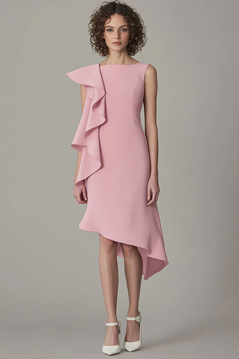 Ruffled Asymmetrical Pink Round Neck Midi Dress - Image 1