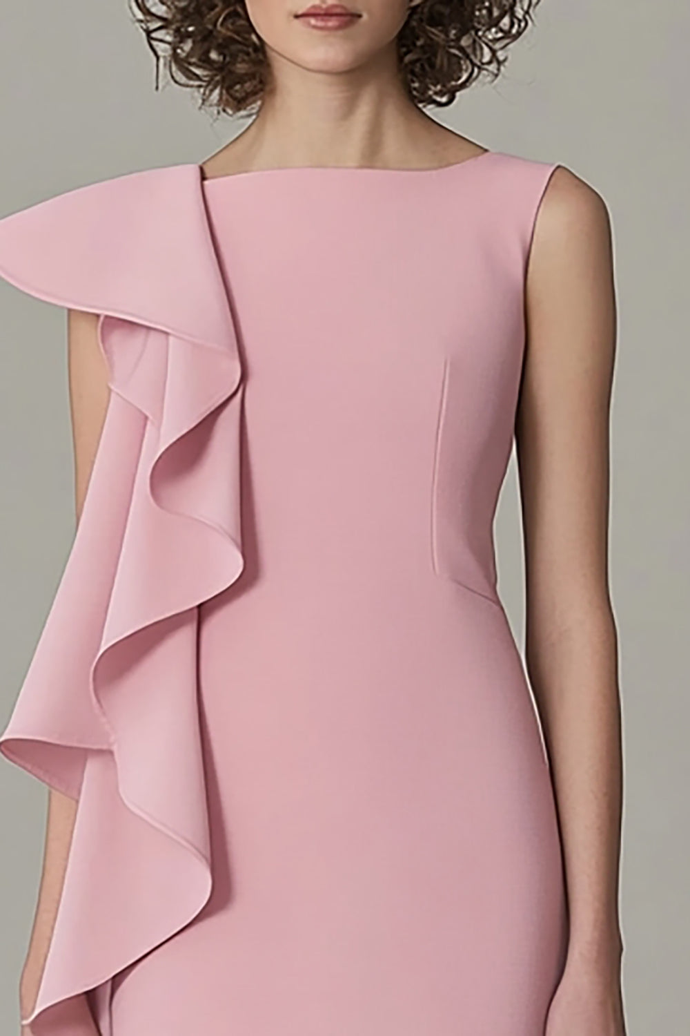 Ruffled Asymmetrical Pink Round Neck Midi Dress - Image 2