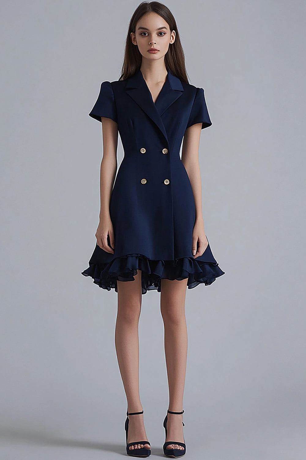 Ruffled Navy A Line V-Neck Mini Dress - Image 1