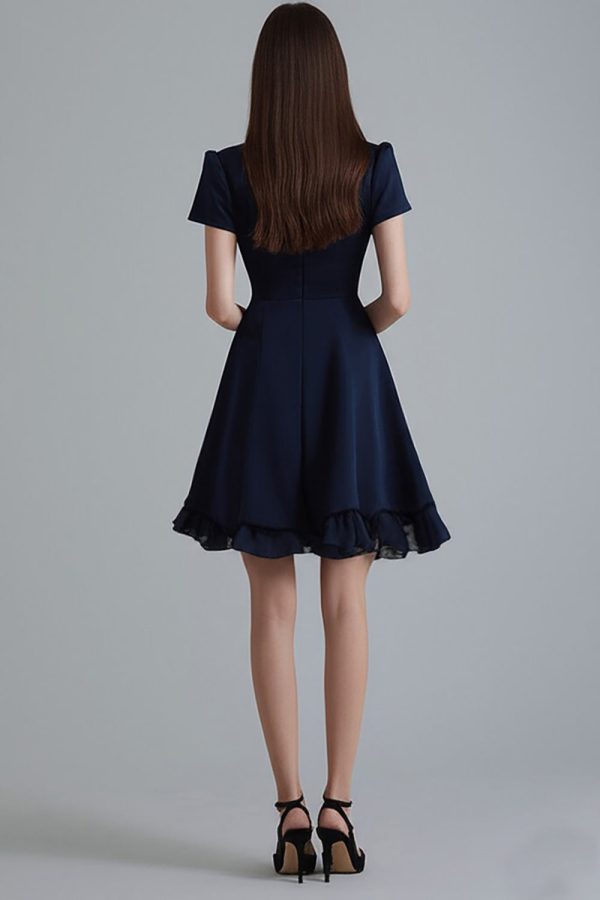 Ruffled Navy A Line V-Neck Mini Dress - Image 2