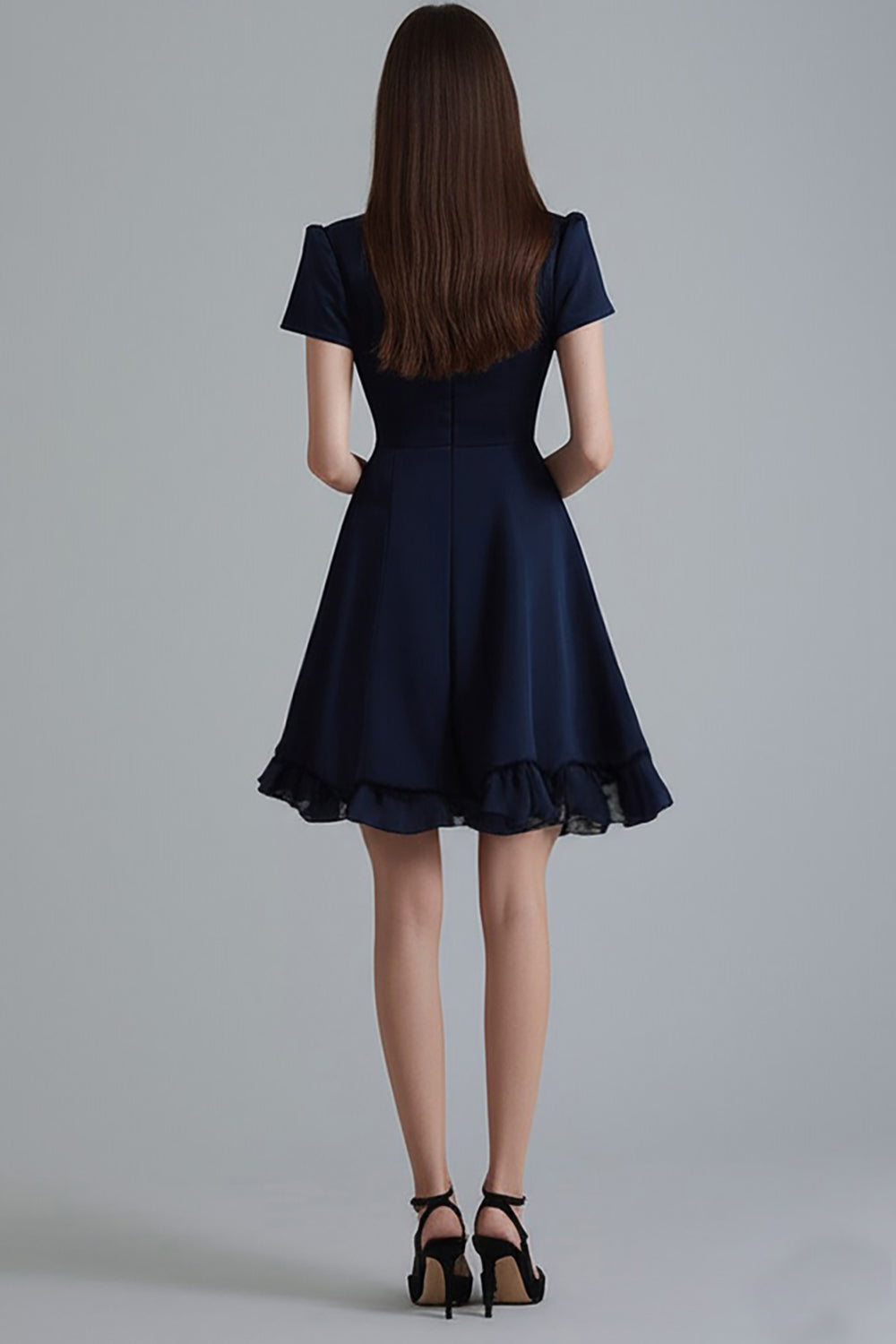 Ruffled Navy A Line V-Neck Mini Dress - Image 2