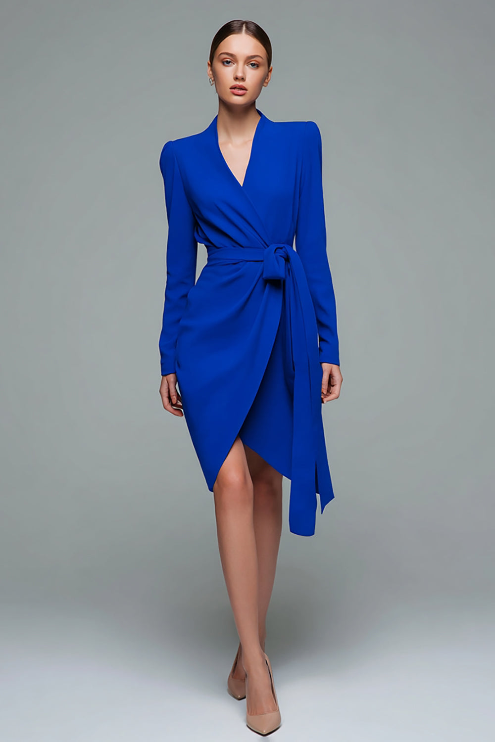 Royal Blue V Neck Bodycon Work Dress with Sash - Image 1