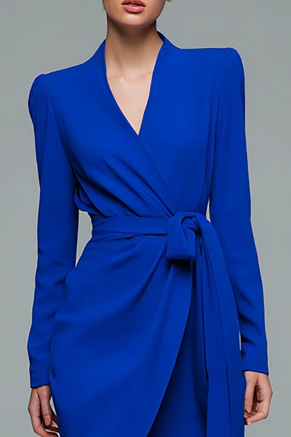 Royal Blue V Neck Bodycon Work Dress with Sash - Image 2