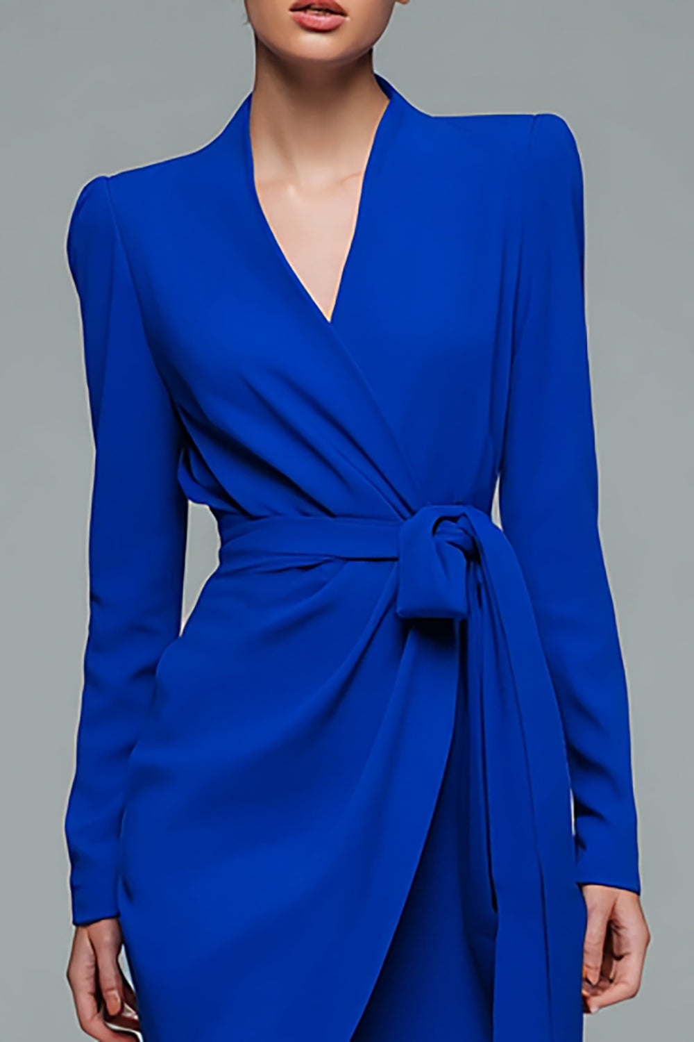 Royal Blue V Neck Bodycon Work Dress with Sash - Image 2