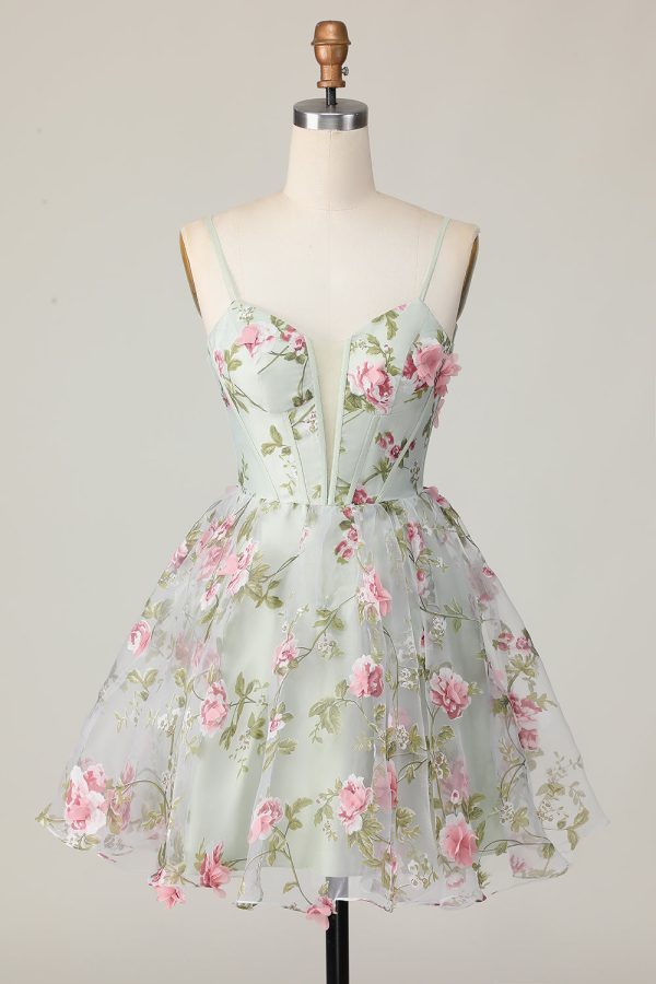 Sage Flower A-Line Corset Homecoming Dress with Lace Up Back