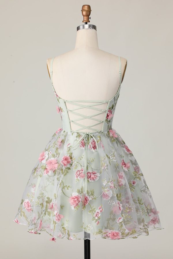 Sage Flower A-Line Corset Homecoming Dress with Lace Up Back - Image 2