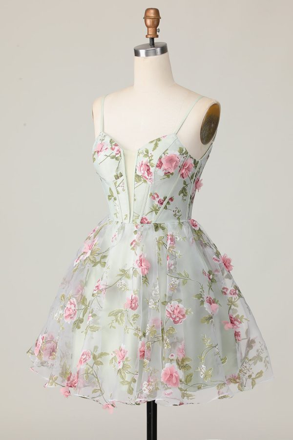 Sage Flower A-Line Corset Homecoming Dress with Lace Up Back - Image 3