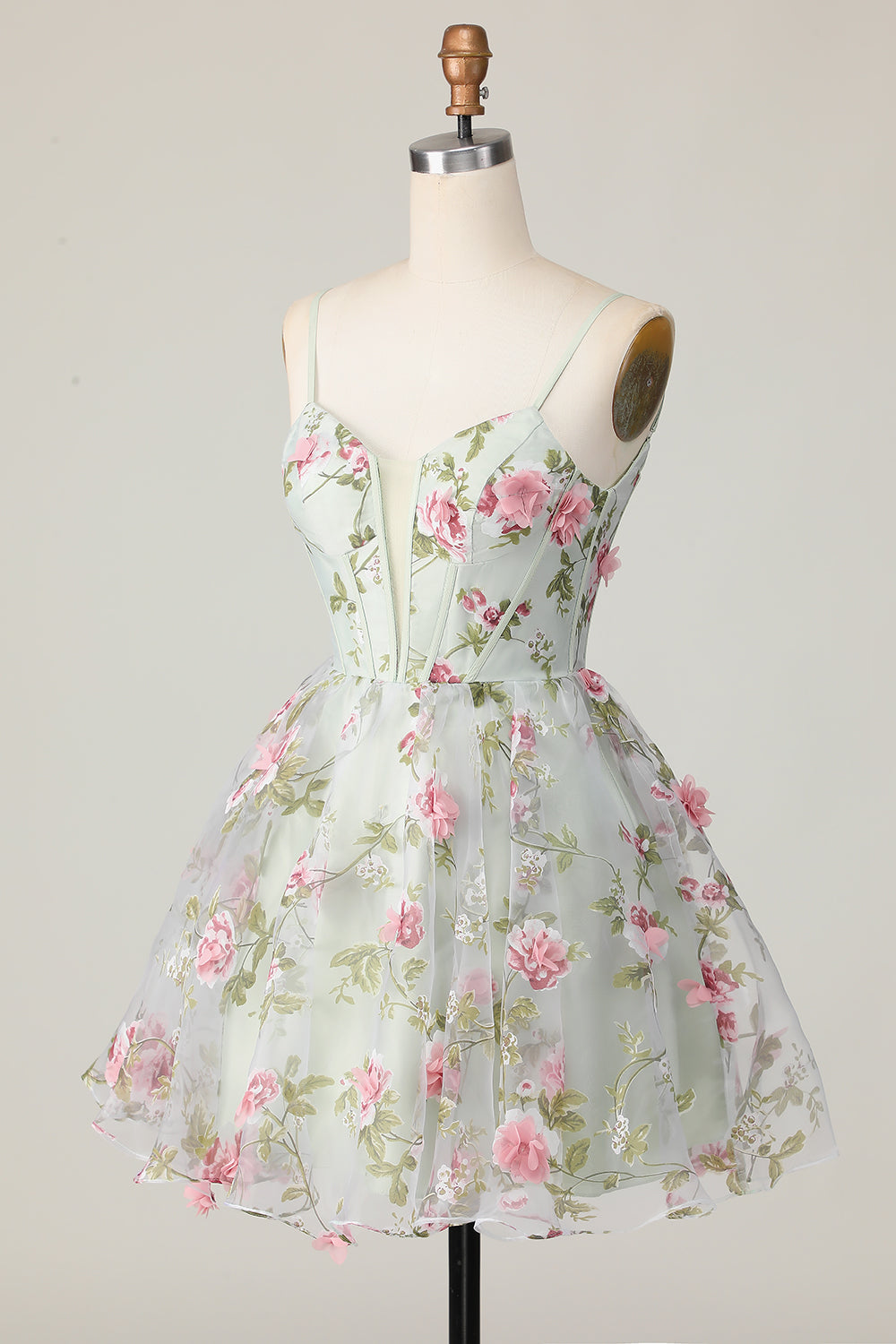 Sage Flower A-Line Corset Homecoming Dress with Lace Up Back - Image 3