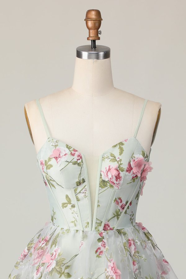 Sage Flower A-Line Corset Homecoming Dress with Lace Up Back - Image 4