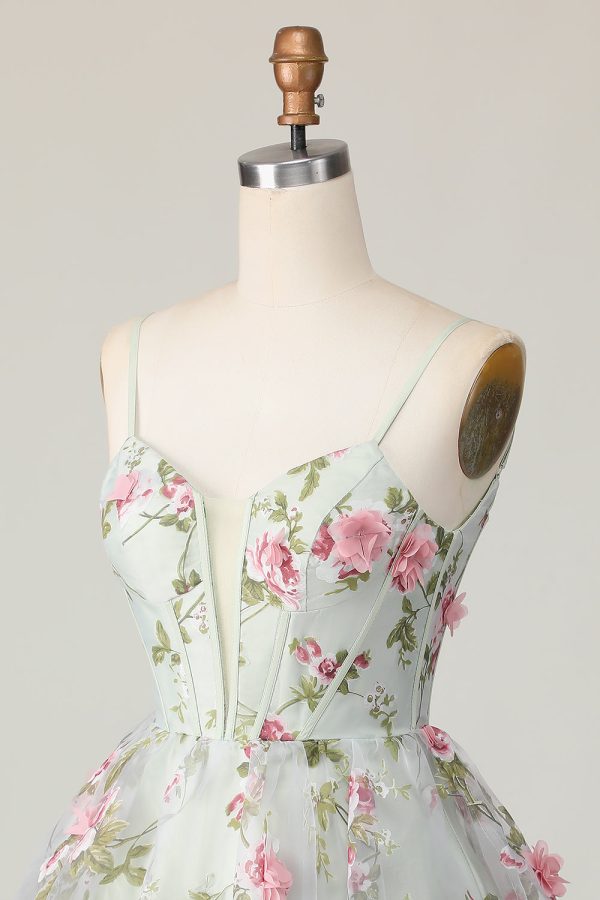 Sage Flower A-Line Corset Homecoming Dress with Lace Up Back - Image 6