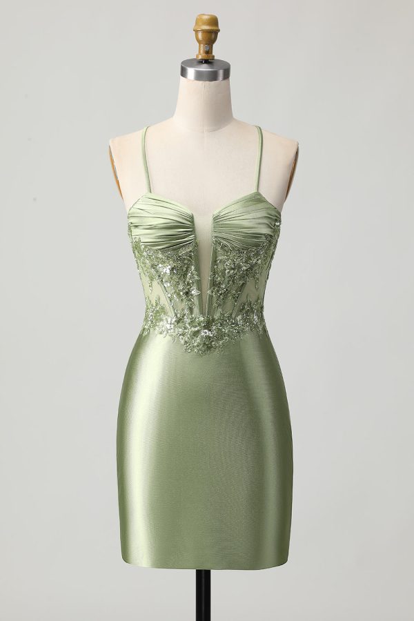Green Bodycon Corset Sequin Homecoming Dress with Lace Up Back