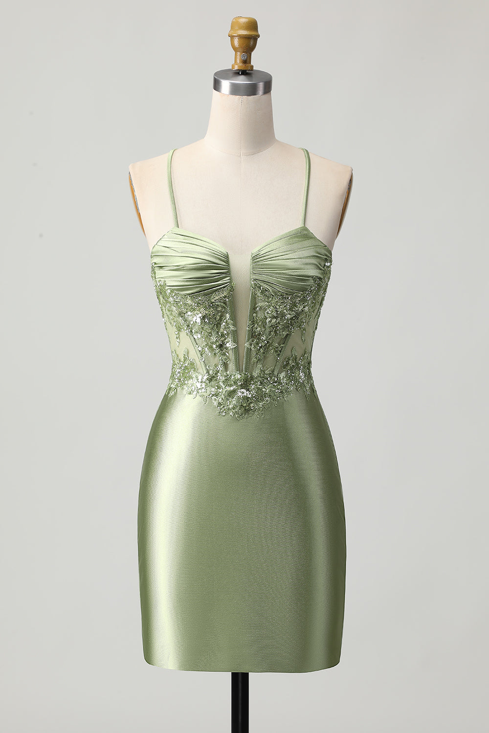 Green Bodycon Corset Sequin Homecoming Dress with Lace Up Back - Image 1