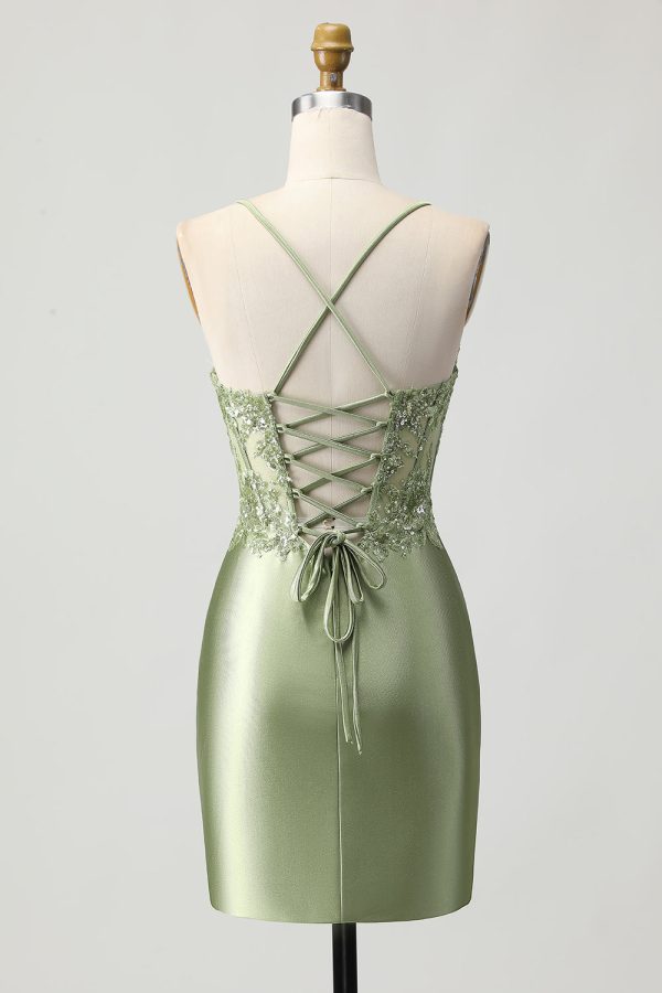 Green Bodycon Corset Sequin Homecoming Dress with Lace Up Back - Image 2