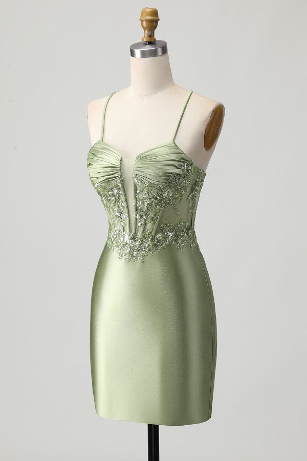 Green Bodycon Corset Sequin Homecoming Dress with Lace Up Back - Image 3