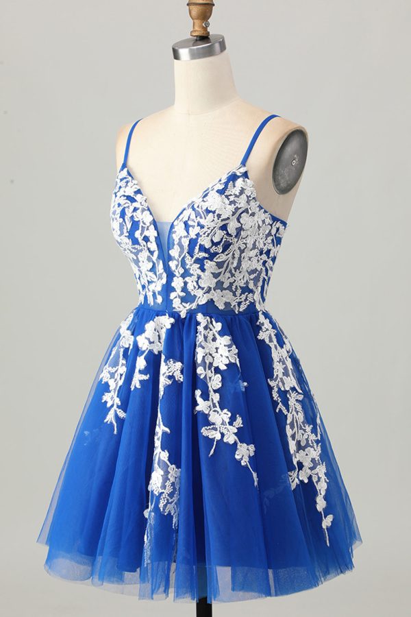 Royal Blue Tulle Spaghetti Straps A Line Homecoming Dress with Appliques - Image 3