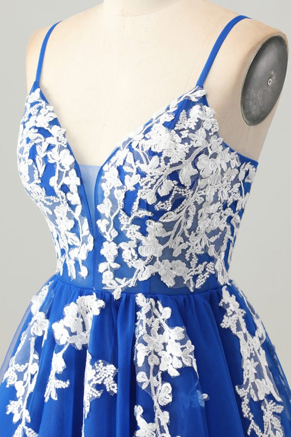 Royal Blue Tulle Spaghetti Straps A Line Homecoming Dress with Appliques - Image 6