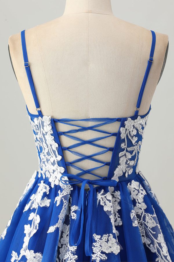 Royal Blue Tulle Spaghetti Straps A Line Homecoming Dress with Appliques - Image 5