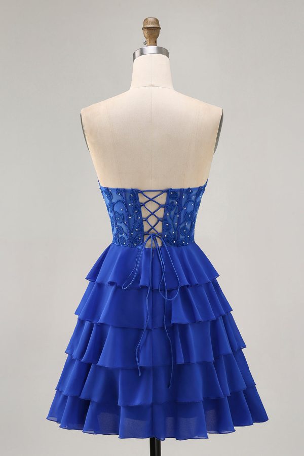 Royal Blue Strapless A-Line Tiered Corset Homecoming Dress with Beading - Image 2