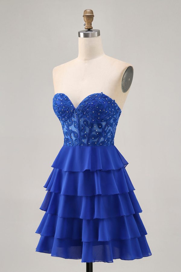 Royal Blue Strapless A-Line Tiered Corset Homecoming Dress with Beading - Image 3