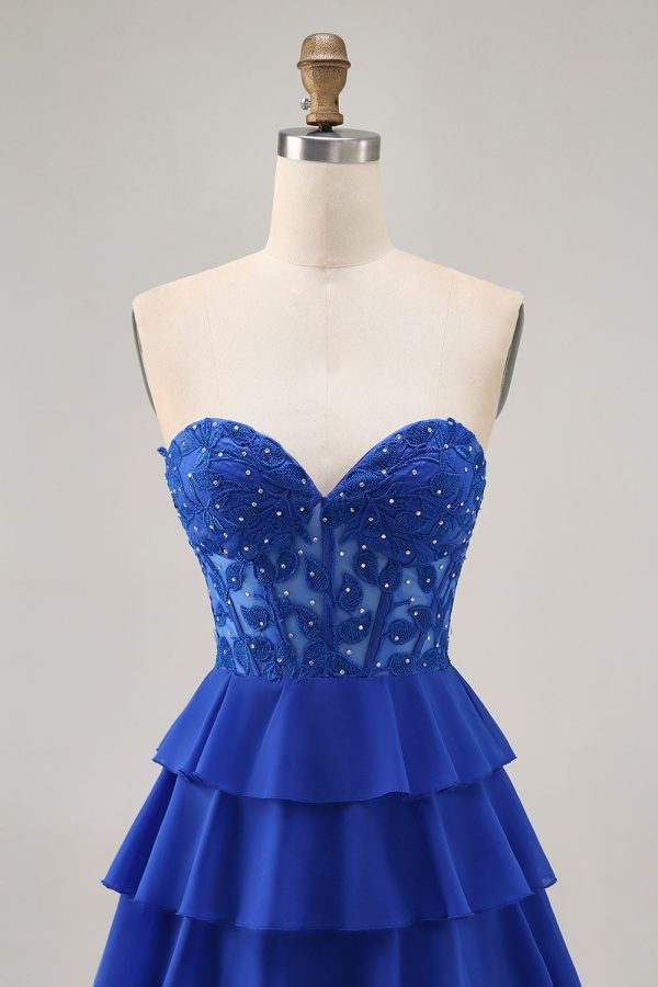 Royal Blue Strapless A-Line Tiered Corset Homecoming Dress with Beading - Image 4